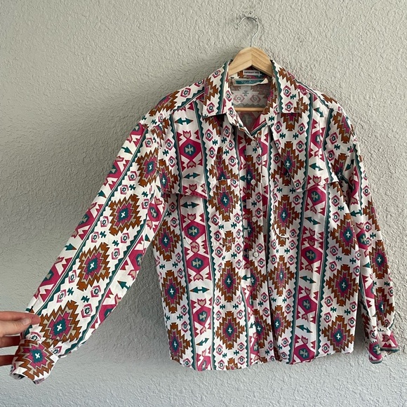 Vintage Tops - Vintage Geometric Button Down Shirt - Pink, Brown, Blue